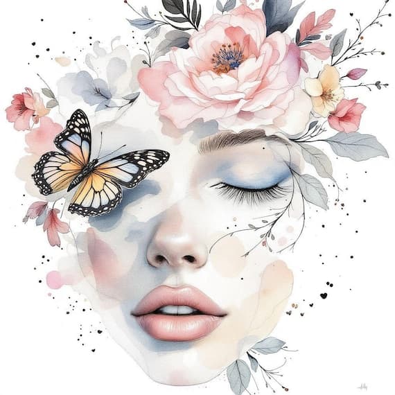 12 Whimsical Floral Butterfly Woman Face Clipart — watercolor clipart transparent PNG instant download