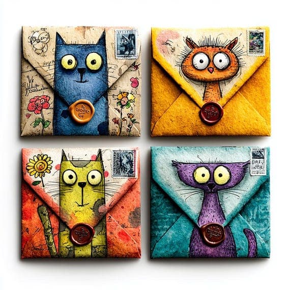 100+ Whimsical Cat Envelope Ephemera, Junk Journal Clipart, Vintage Ma — watercolor clipart transparent PNG instant download